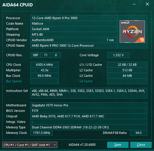 AIDA64 CPUID panel with detailed AMD processor information