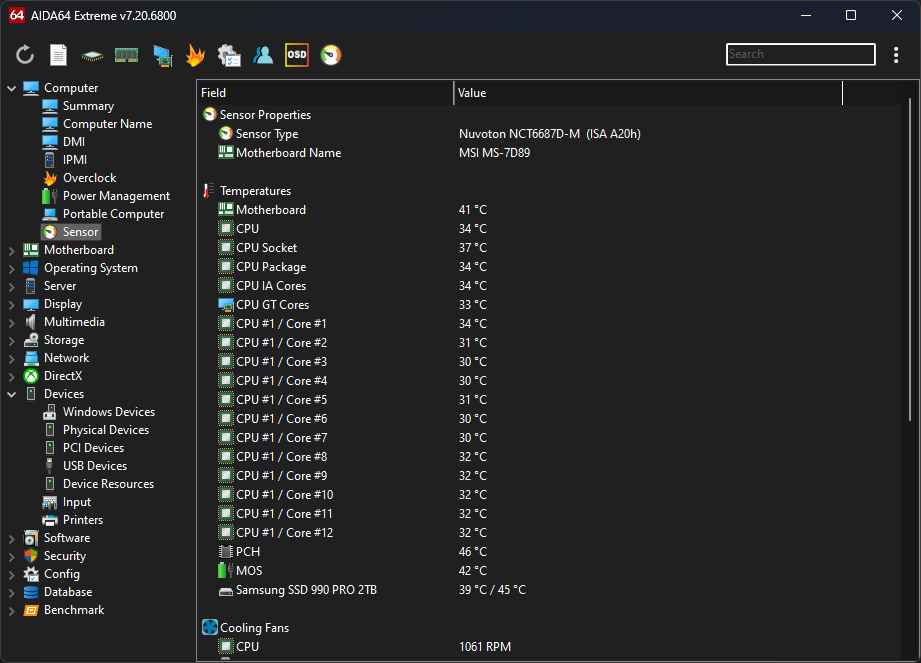 AIDA64 Extreme sensor information screen showing detailed temperatures and fan speeds